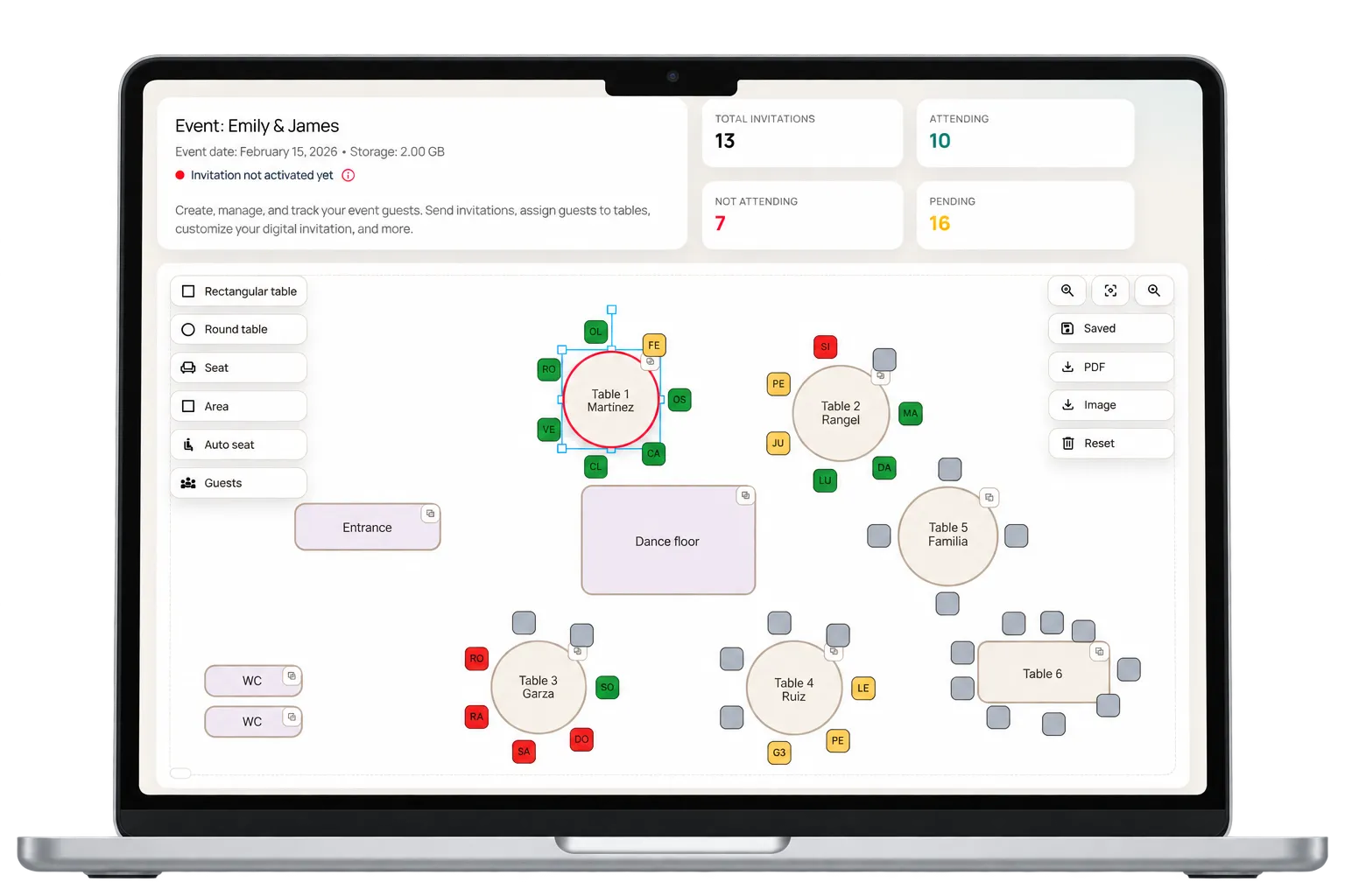 FiestaPic seating plan on a laptop