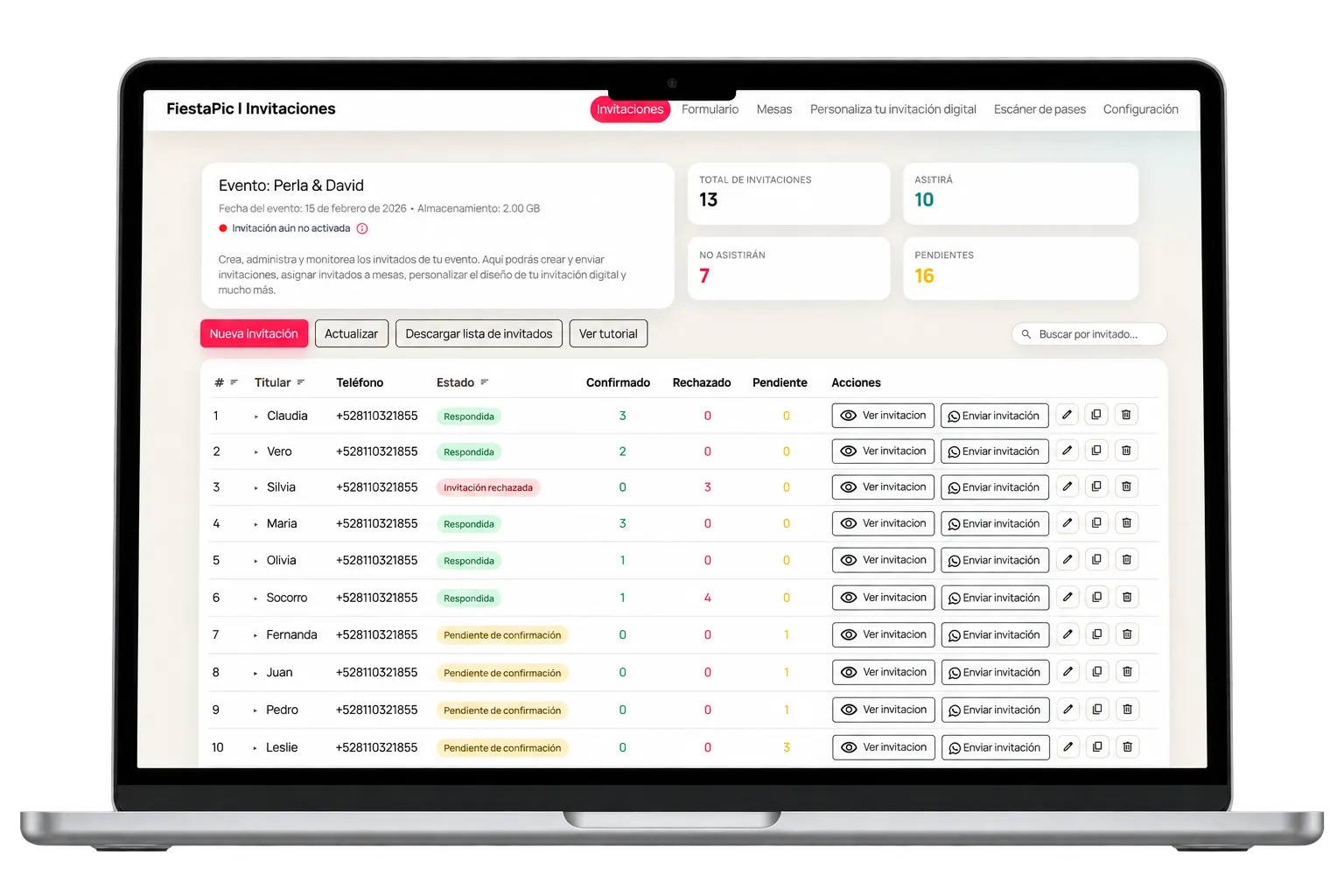 FiestaPic guest list and RSVPs on a laptop